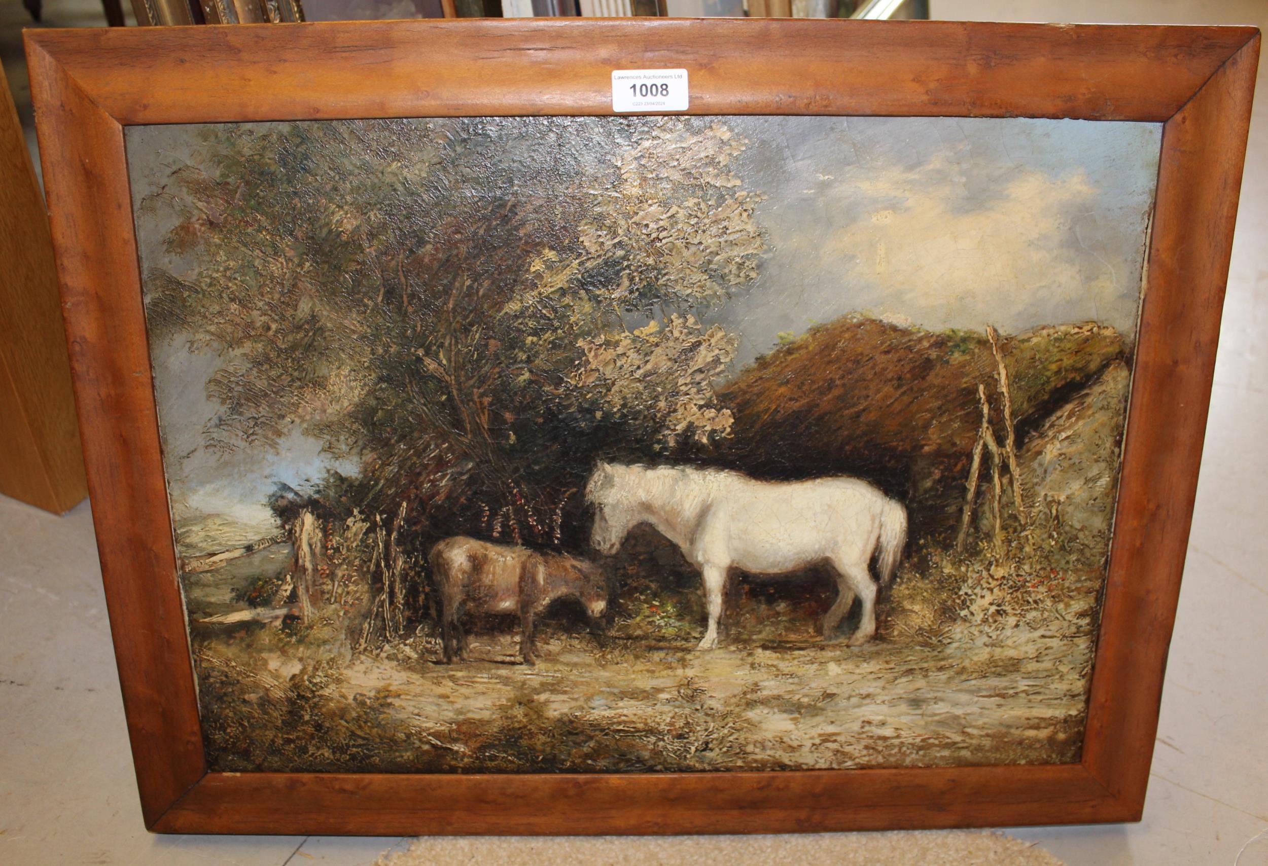 Attributed to Edmund Bristow, 19th Century oil on canvas, study of a donkey and pony by a thatched - Image 2 of 2