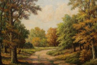 E. Kunzel, oil on canvas, woodland scene, signed, 50 x 101cm, framed