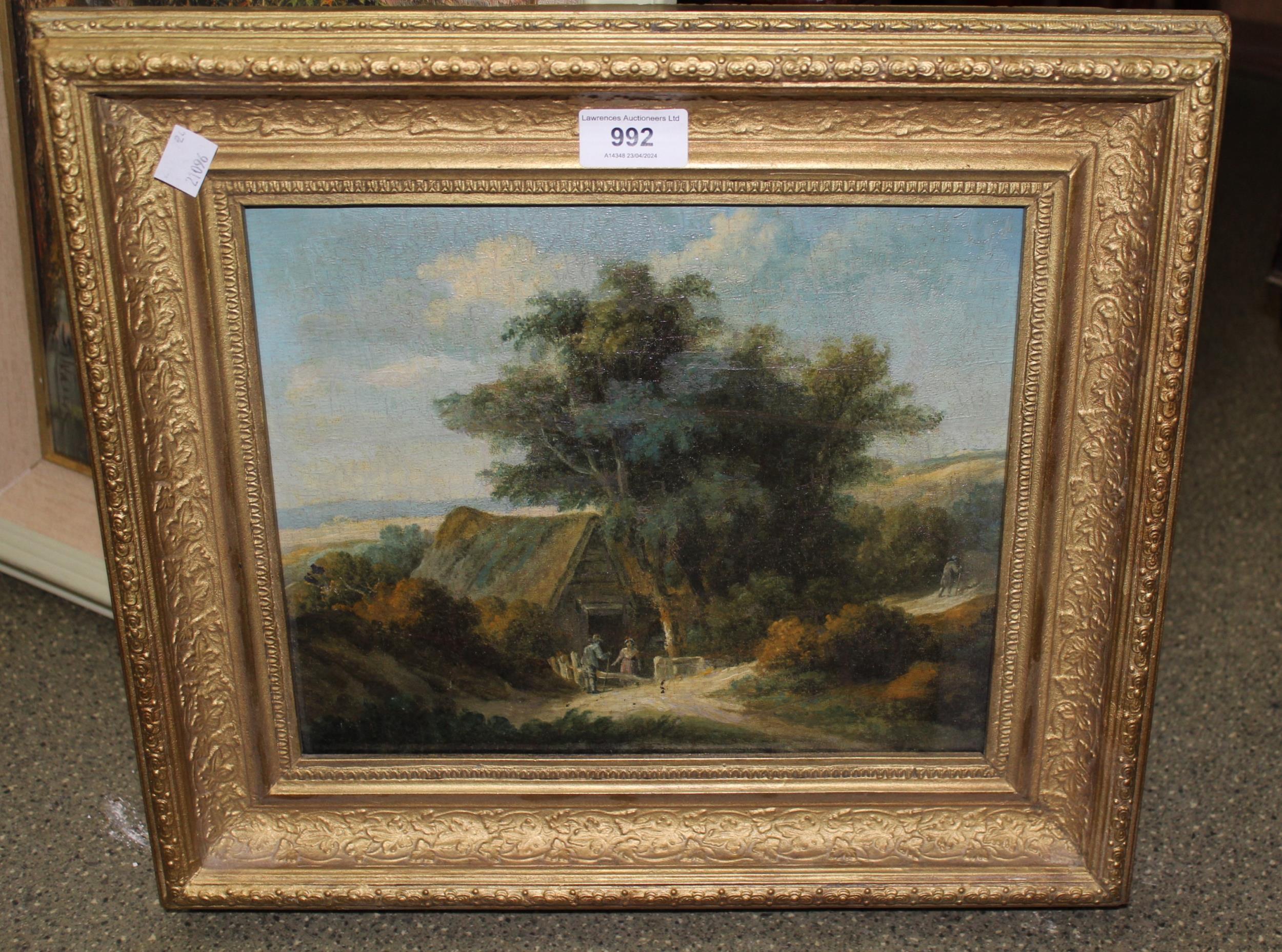 19th Century English school, oil on panel, figures before a cottage in a landscape, unsigned, 23 x - Image 2 of 2