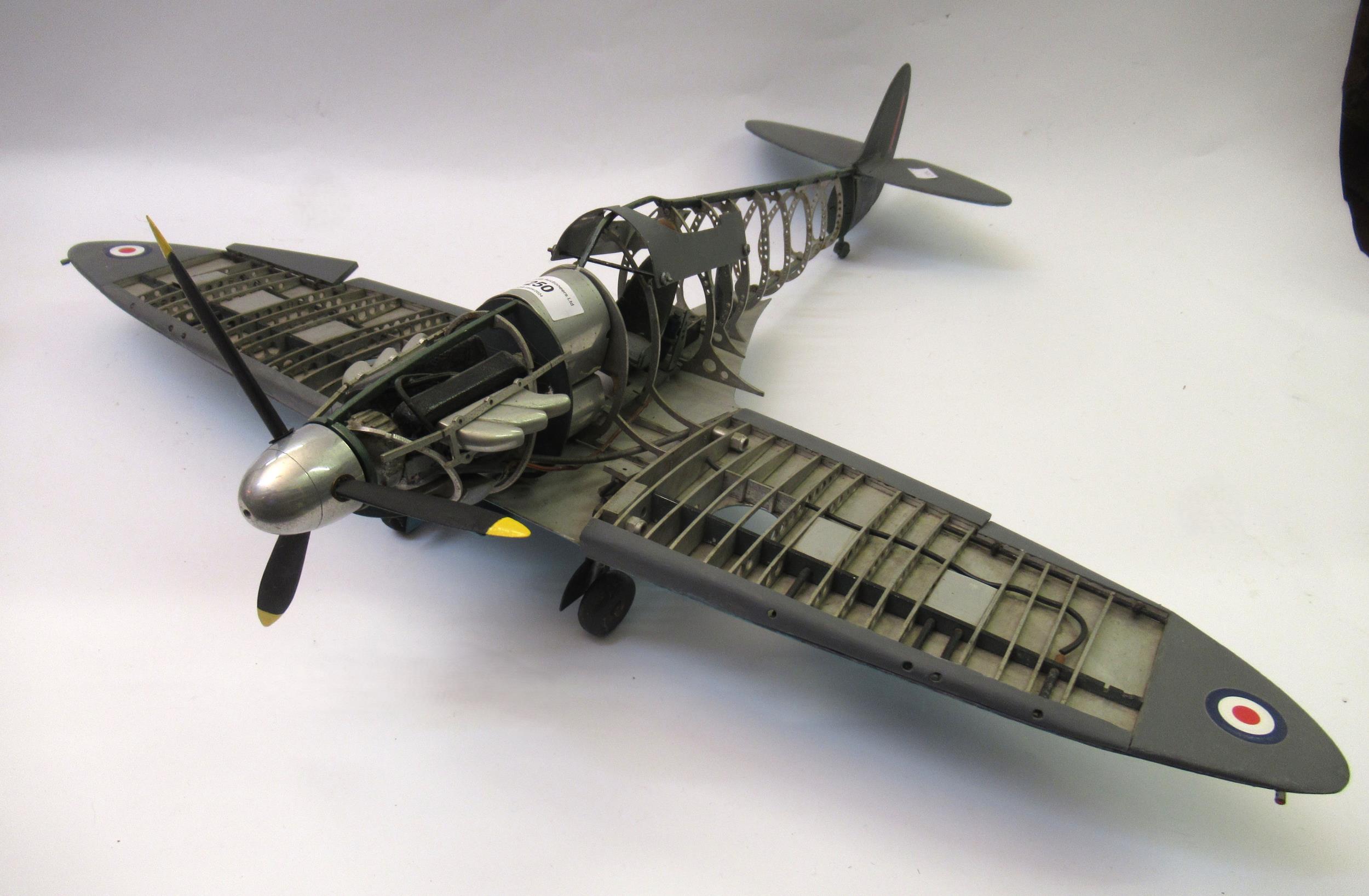 Scratch built metal and painted wooden model of a Spitfire, 70cm wing span