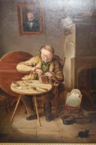 C.J. Smith, oil on canvas, clock repairer at work in a cottage interior, signed and dated 1886, 48 x