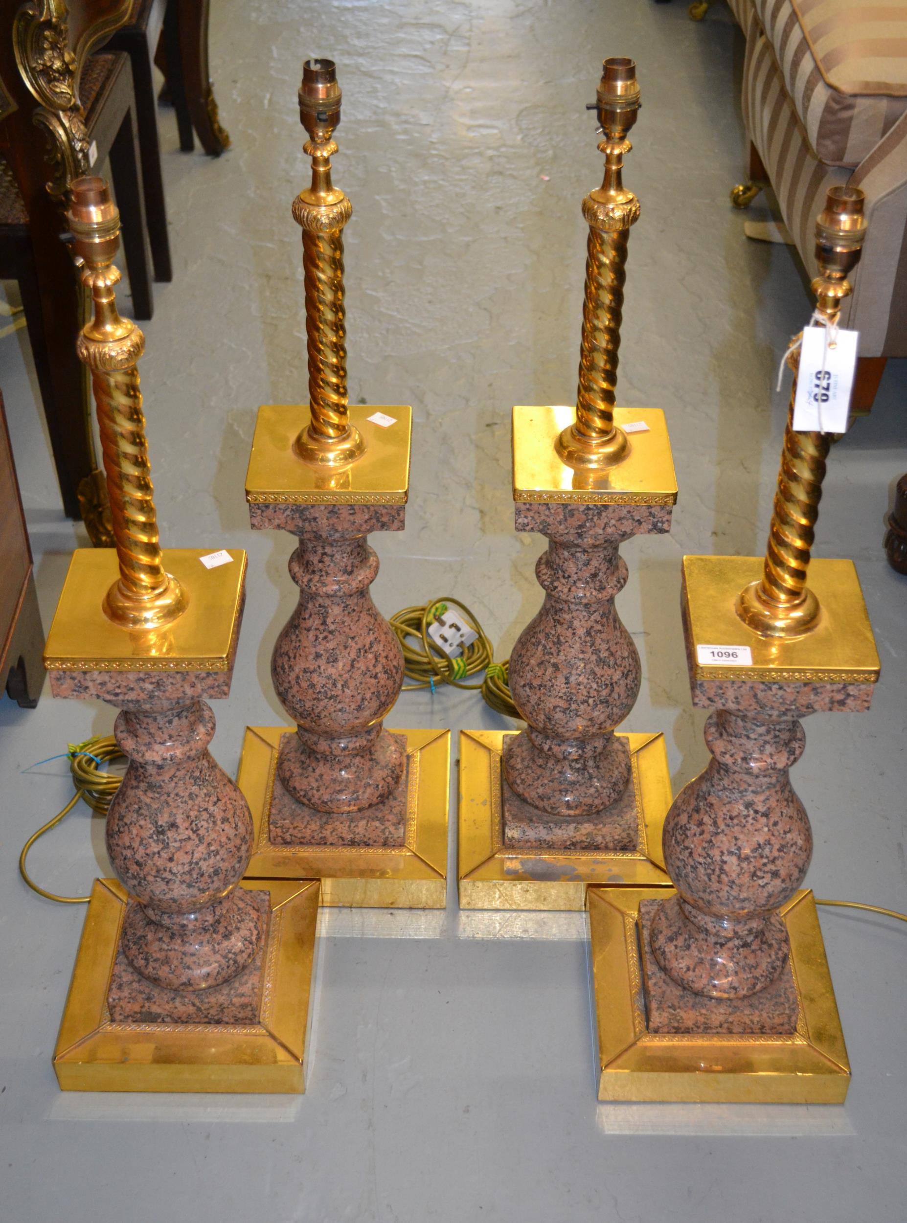 Set of four pink granite and gilt brass mounted baluster form table lamps, 70cm high excluding the