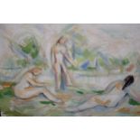 Laurie Placide, oil on canvas, study of three female bathers, studio stamp verso, 27 x 35cm