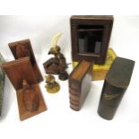 Two book form boxes, transfer print decorated box, pair of carved walnut bookends in the form of