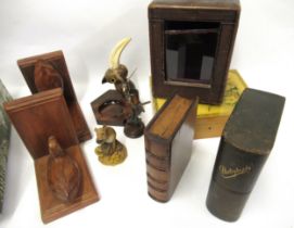 Two book form boxes, transfer print decorated box, pair of carved walnut bookends in the form of