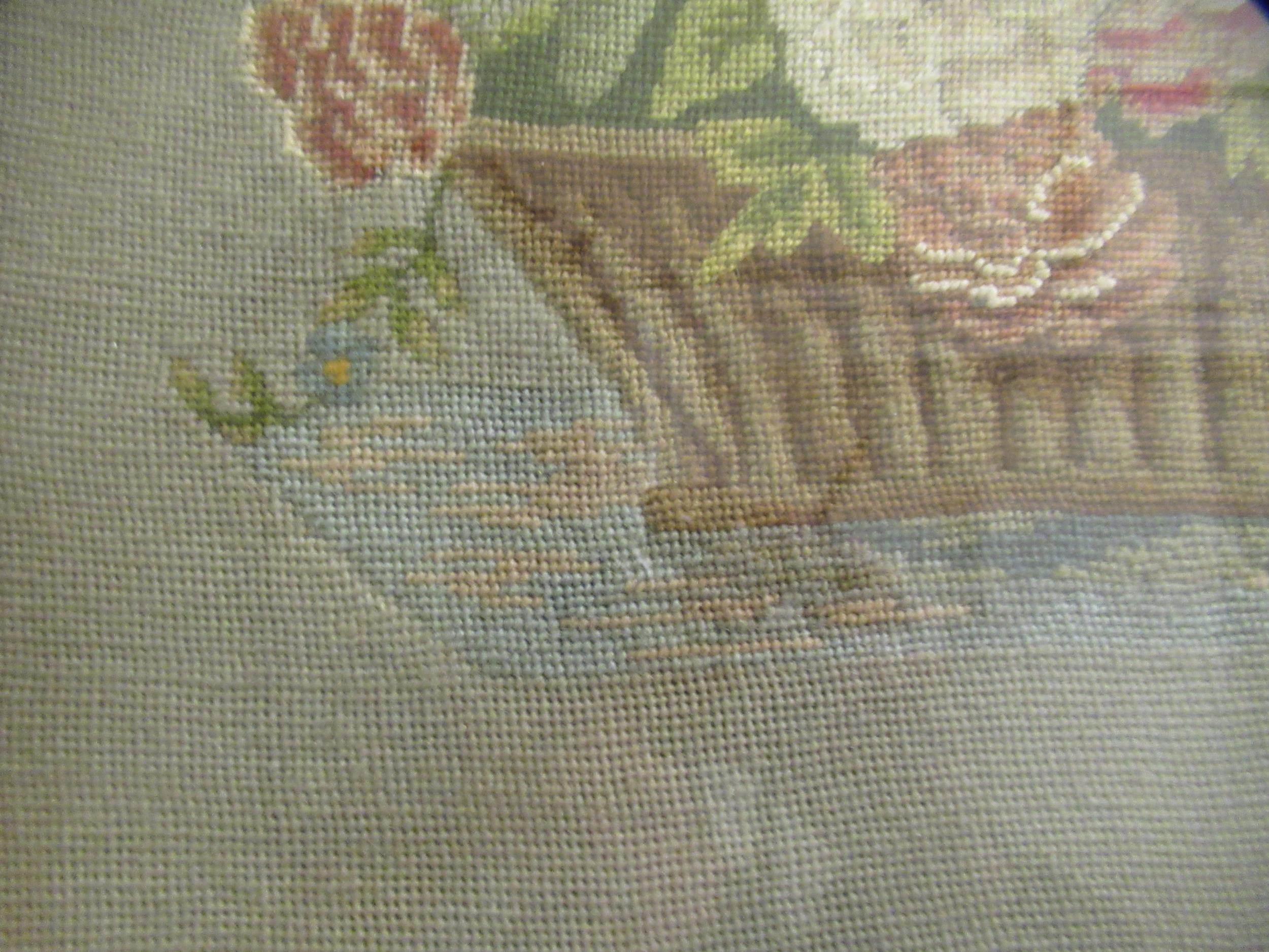 Rosewood framed needlework picture, spray of flowers in a basket, 34 x 33cm Some damages to frame, - Image 3 of 8