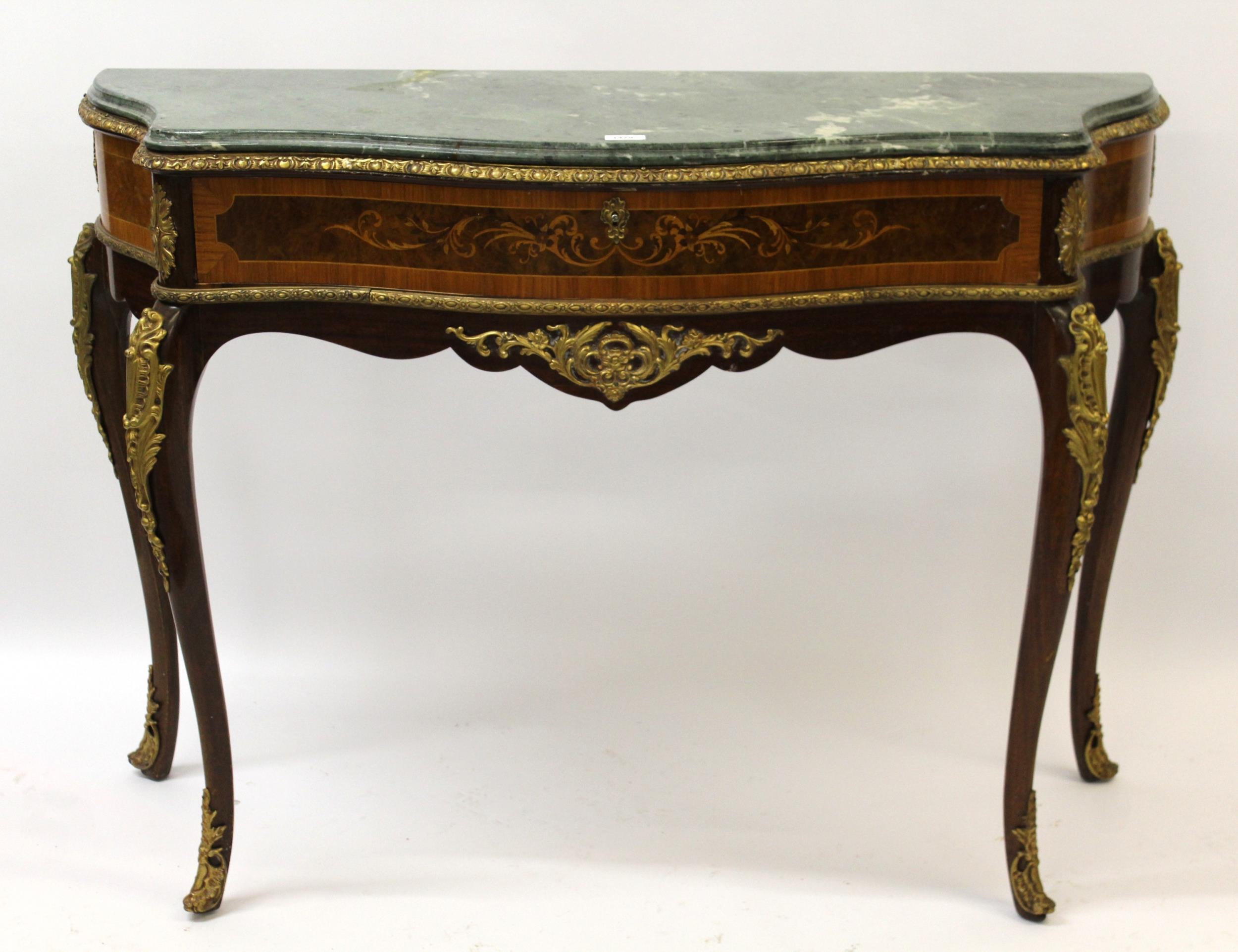 Reproduction French Kingwood marquetry inlaid ormolu mounted console table with a green marble top
