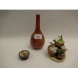 Kutani bottle vase, small Satsuma circular pot and cover (lid at fault) and a Goebel figure group