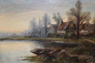 F.E. Jamieson, pair of oils on canvas, river scene with a moored punt before cottages and a church