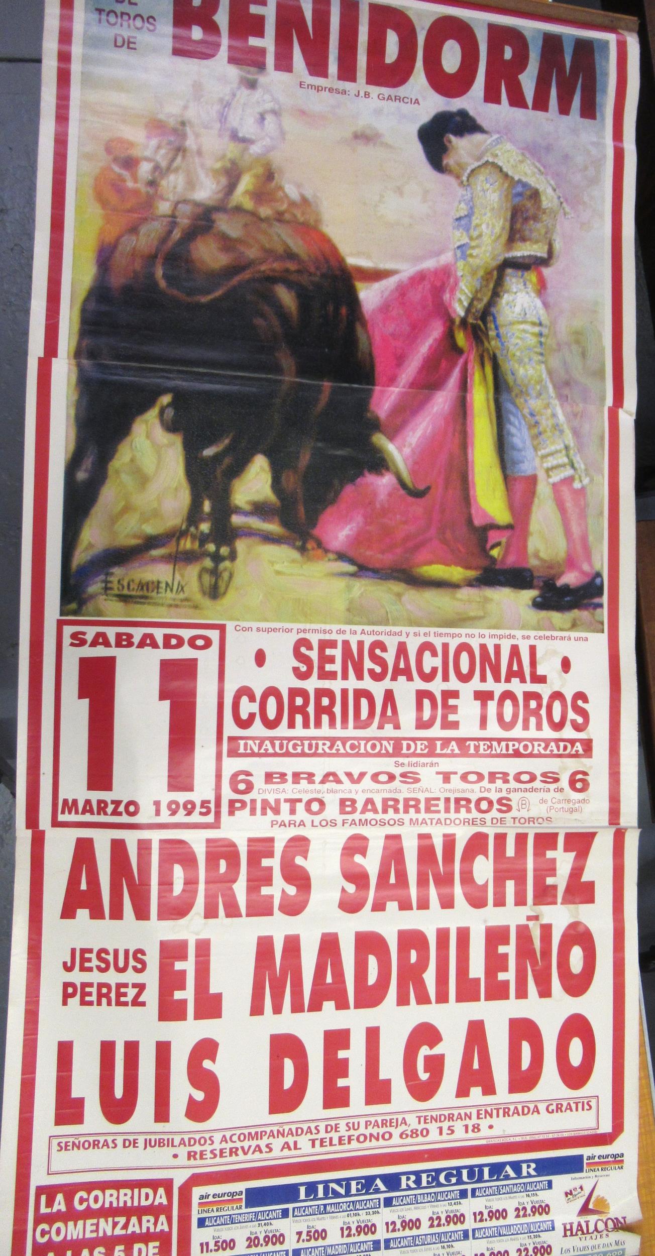 Large Spanish bull fight advertising poster, circa 1960's (in three parts joined), 190 x 90cm