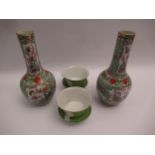 Pair of Chinese porcelain bottle vases decorated with birds and insects on a turquoise ground (one