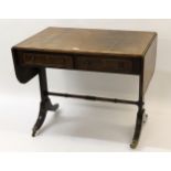 Reproduction Regency style mahogany and crossbanded sofa table with two frieze drawers, raised on