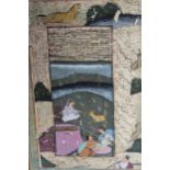 Group of three various Moghul type watercolour illustrations depicting figures and text, framed