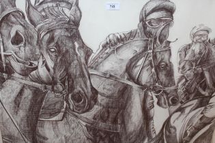 R. Kemp, pencil drawing, study of racehorses, signed, 58 x 79cm, gilt framed