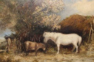 Attributed to Edmund Bristow, 19th Century oil on canvas, study of a donkey and pony by a thatched