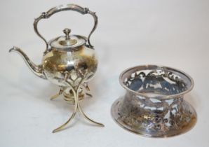 19th Century silver plated dish ring, silver plated spirit kettle and other miscellaneous items of