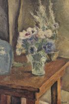 Ronald Ossory Dunlop, oil on canvas, still life with a vase of flowers and a pottery jar on a
