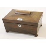 19th Century rosewood sarcophagus shaped workbox, the hinged cover enclosing a lift-out tray