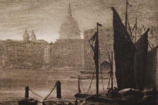 Unframed etching, The Thames near St. Pauls, indistinctly signed, 27 x 25cm, including margins