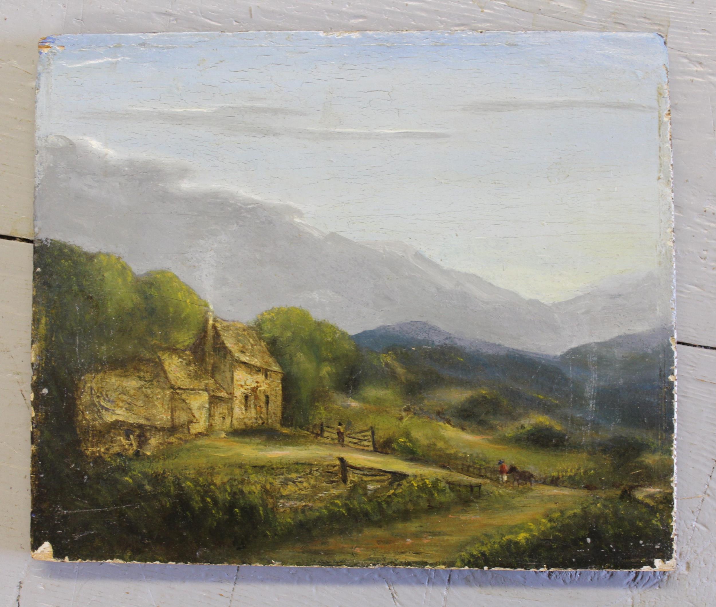 19th Century oil on panel, figures before cottages in a mountain landscape, 18 x 22cm approximately, - Image 2 of 2
