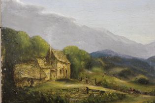 19th Century oil on panel, figures before cottages in a mountain landscape, 18 x 22cm approximately,