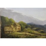 19th Century oil on panel, figures before cottages in a mountain landscape, 18 x 22cm approximately,