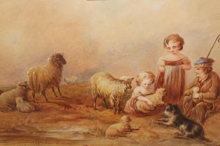 19th Century Scottish? school, watercolour, children with sheep and dog, indistinctyl signed, 27 x