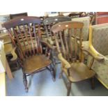 19th Century beech and elm kitchen elbow chair with a slat back, together with a similar with