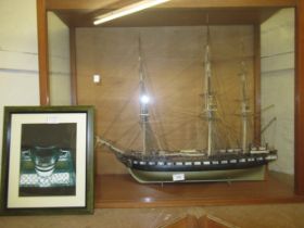 Modern hand built model of the USS Constitution in a glazed display case, 72 x 90cm x 34cm deep,