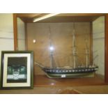 Modern hand built model of the USS Constitution in a glazed display case, 72 x 90cm x 34cm deep,