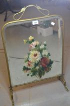 Early 20th Century mirrored brass framed fire screen, with floral painted decoration, 72 x 45cm