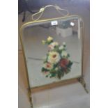 Early 20th Century mirrored brass framed fire screen, with floral painted decoration, 72 x 45cm