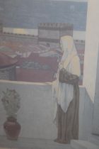 Artist signed Limited Edition etching, figure standing on a balcony, indistinctly signed 43 x