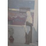 Artist signed Limited Edition etching, figure standing on a balcony, indistinctly signed 43 x