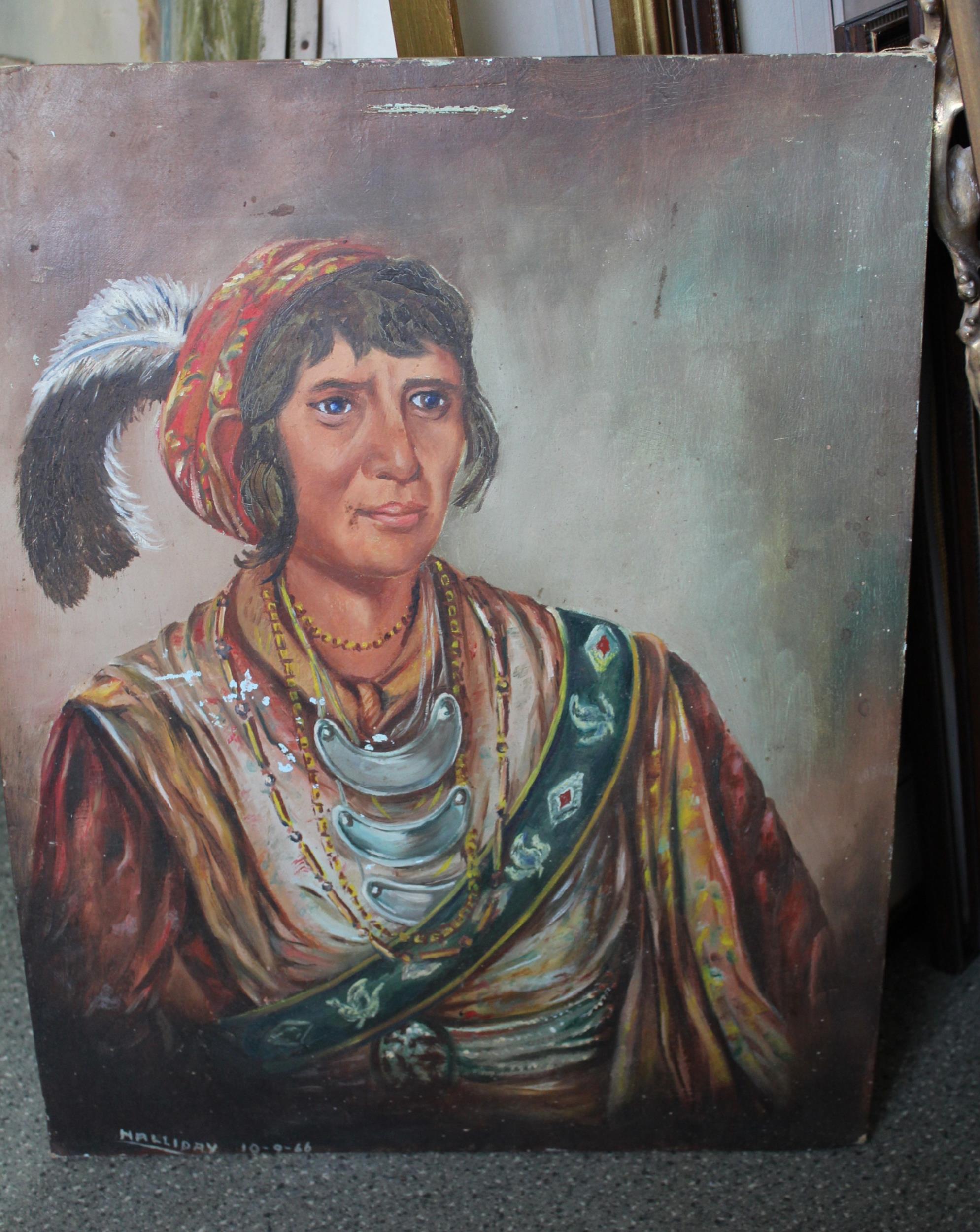 Oil on board, portrait of Semiole Chief Osceola, signed Halliday, dated 1966, 45 x 35cm, unframed - Image 2 of 2