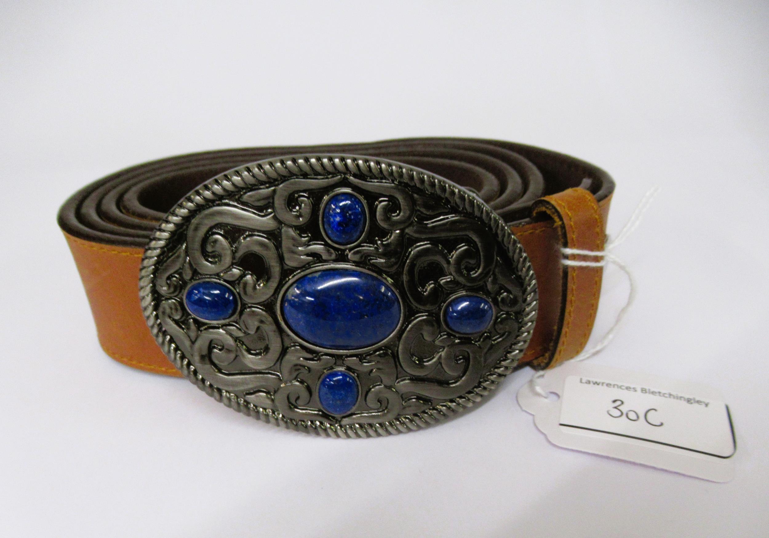 Leather belt with lapis lazuli inset buckle