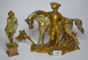 19th Century clock garniture in the form of a rider and horse, together with a brass figure