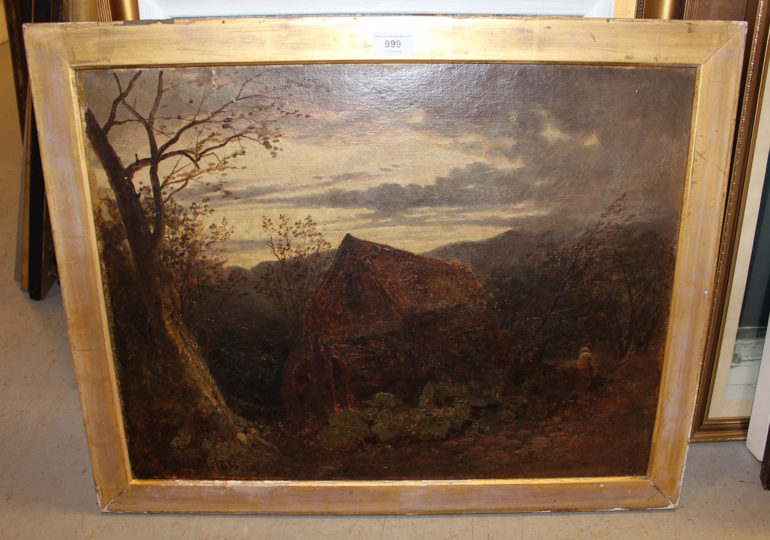 19th Century oil on millboard, landscape at sunset with figure near an old watermill, indistinctly - Image 2 of 2