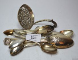 Dutch white metal sifter spoon, together with a small quantity of silver flatware
