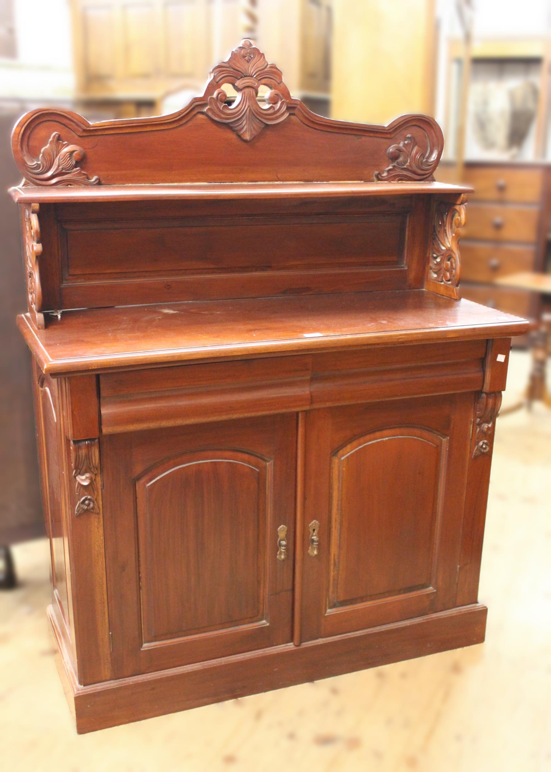 Reproduction mahogany chiffonier, having galleried back, frieze drawer and panelled doors, 160cm