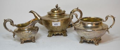 19th Century silver three piece tea service of circular squat baluster form, the teapot London 1841,