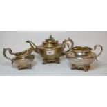 19th Century silver three piece tea service of circular squat baluster form, the teapot London 1841,