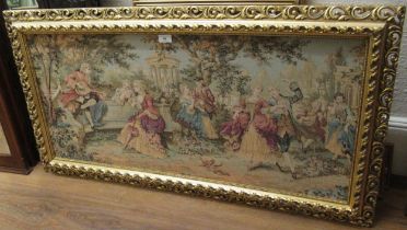 Mid 20th Century machine woven tapestry picture, figures in a garden, gilt framed, 45 x 97cm