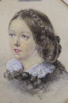 19th Century oval mounted watercolour portrait of a girl, 20 x 17cm, gilt framed, together with an