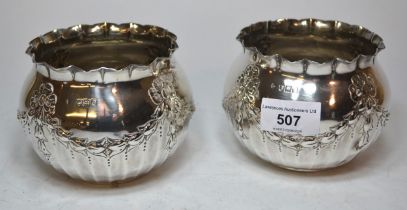 Pair of London silver bowls with floral swag decoration, stamped ' Snow & Ashworth, Harrogate ',