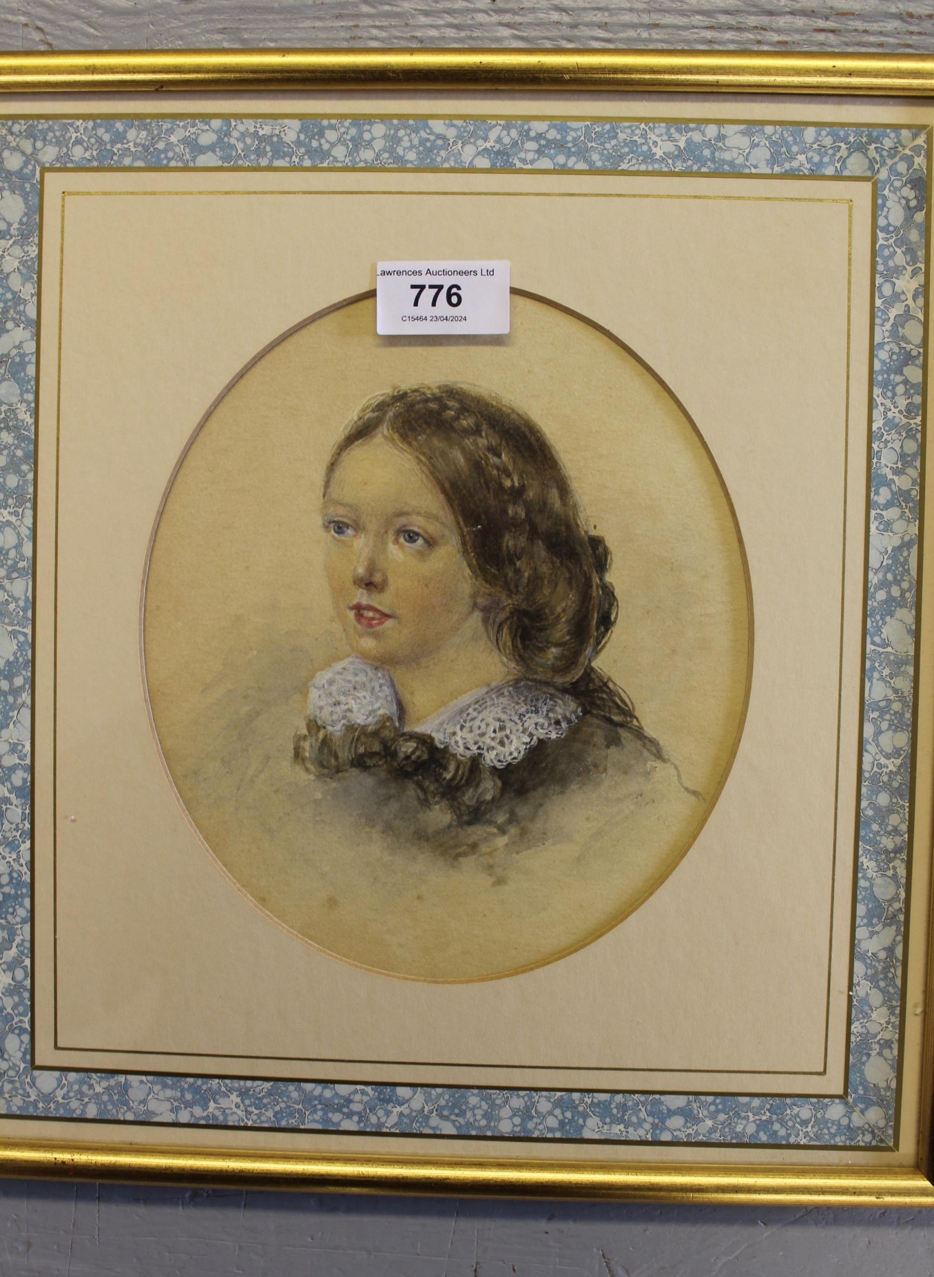 19th Century oval mounted watercolour portrait of a girl, 20 x 17cm, gilt framed, together with an - Image 2 of 3