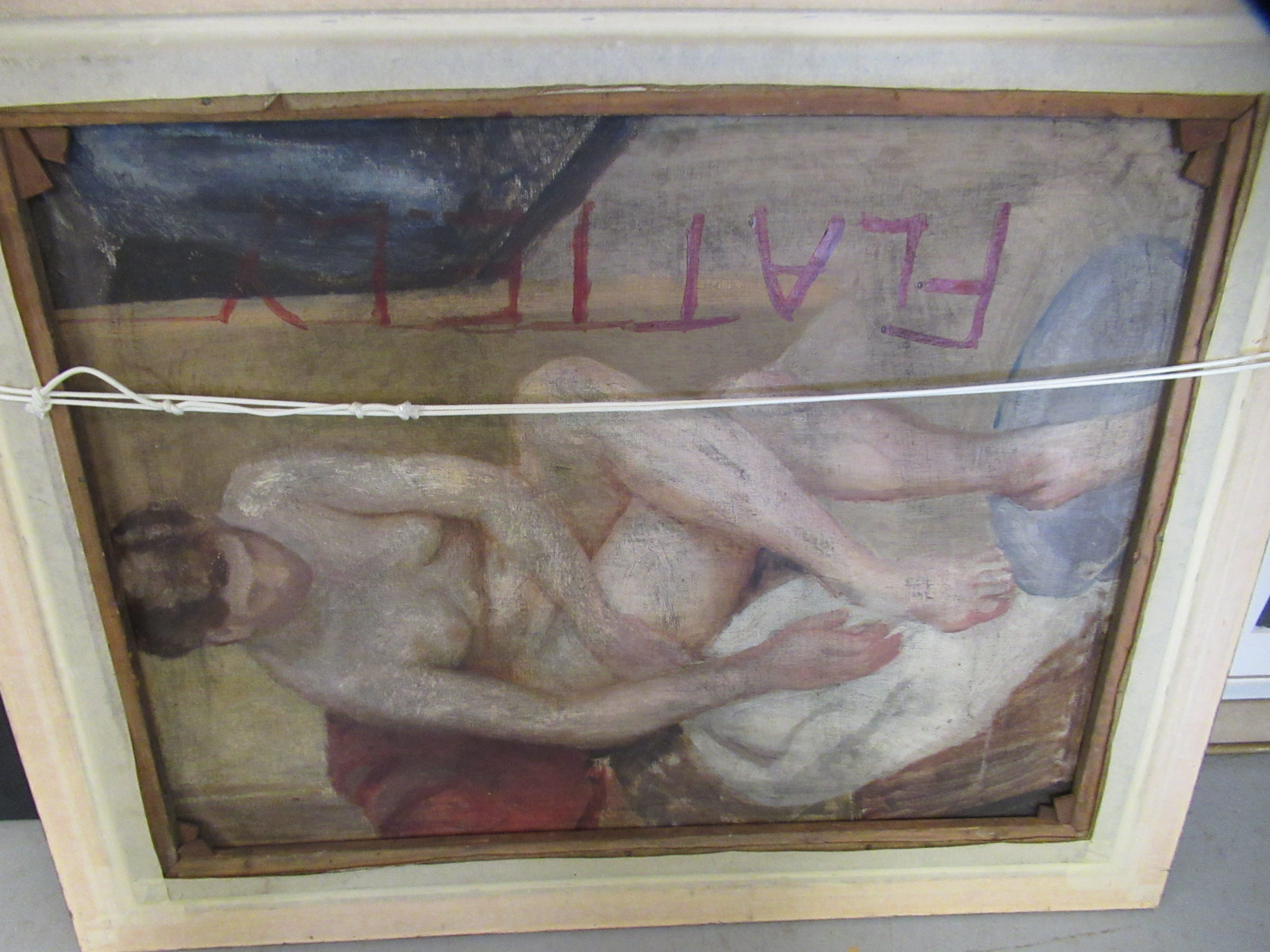Large Camden school double sided oil on canvas, nude studies, signed Flattely, framed, 70 x 90cm - Bild 3 aus 3