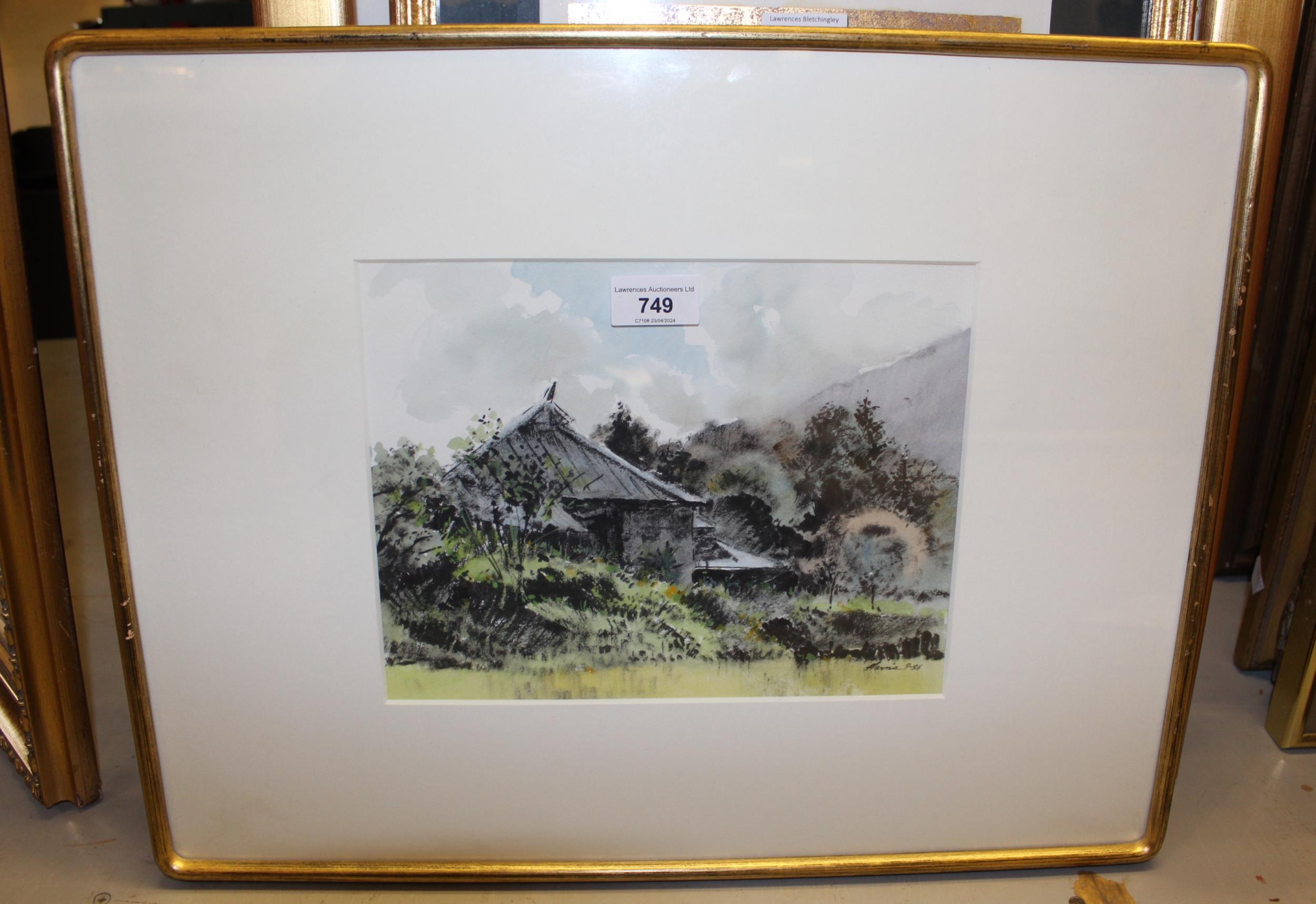 Fred Harris Mills, watercolour, view of Miasa, Japan, together with three various modern Japanese - Image 2 of 5