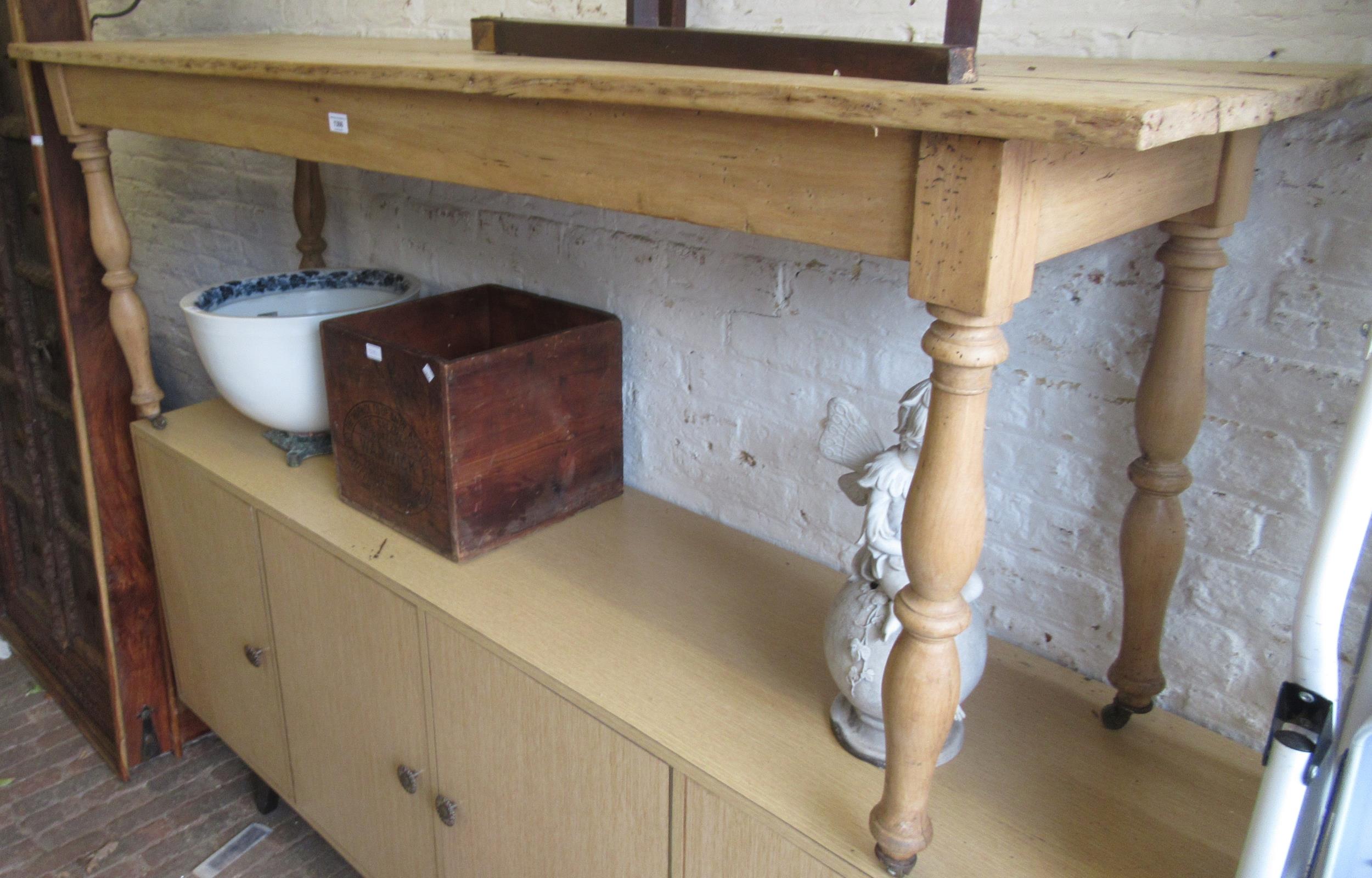 19th Century French polished pine serving table, raised on turned supports, 195 x 53 x 72cm high