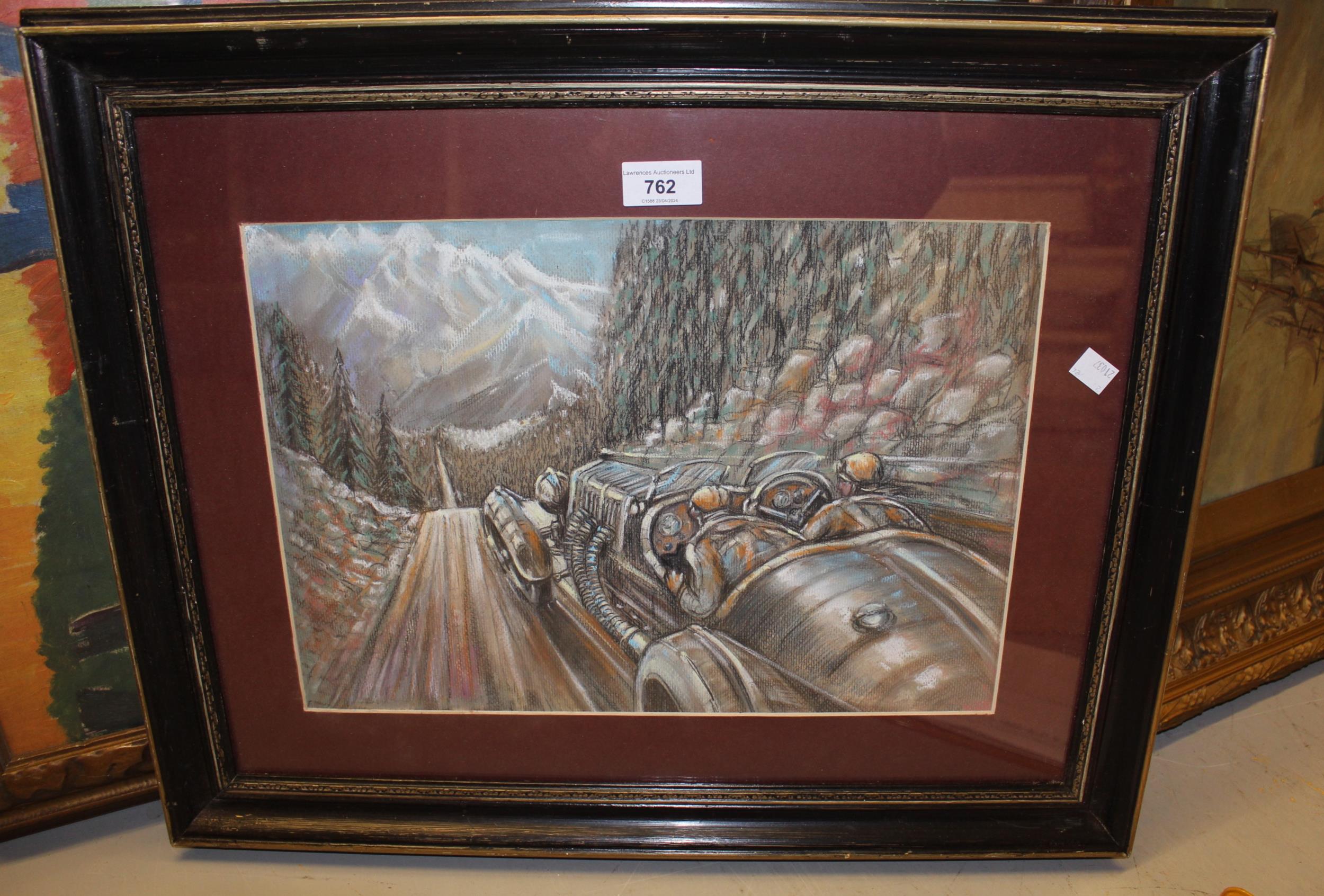20th Century charcoal and pastel picture of a racing car in a mountainous landscape, unsigned, 28 - Image 2 of 2